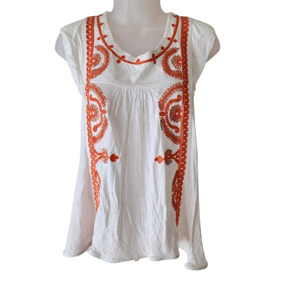 Free People Tops - Free People Embroidered Boho Top Women's Large White Orange Tunic Blouse